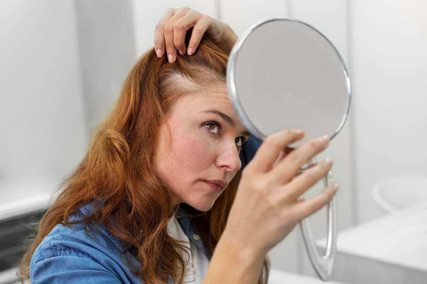 PCOS Sisters A woman checking her hair in a mirror, worried about possible hair thinning.